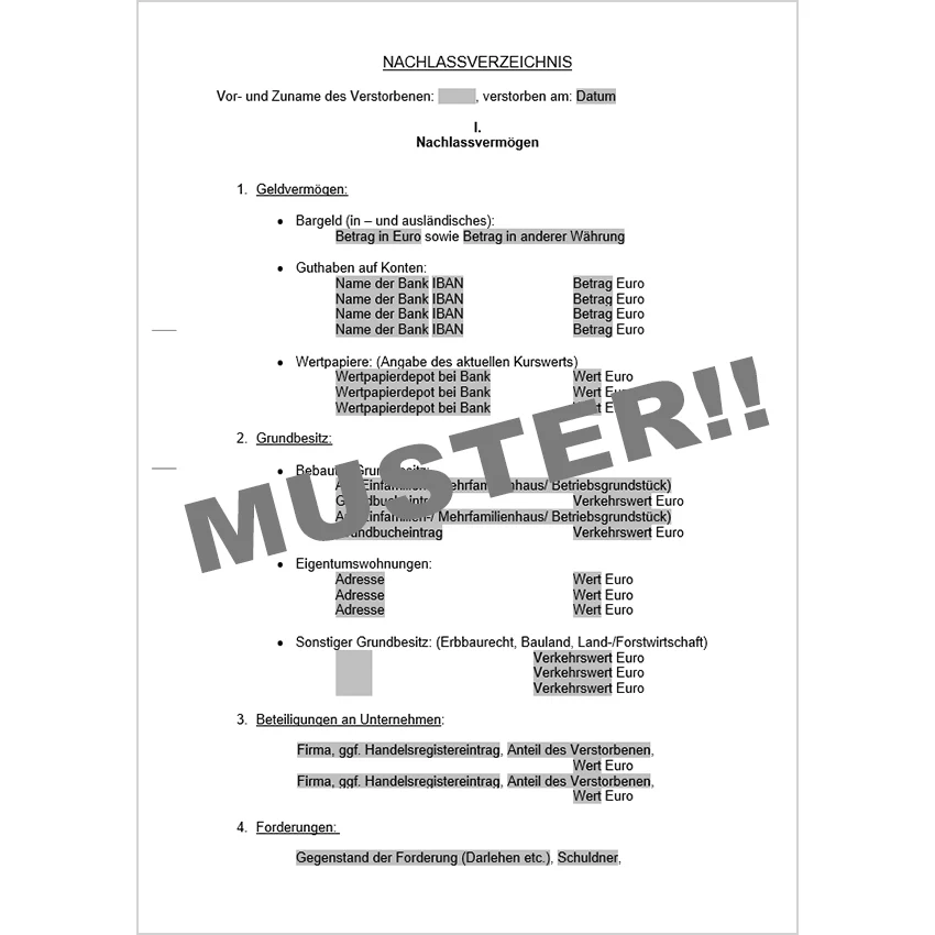 Nachlassverzeichnis nach einem Erbfall - Mustervorlage - Image 4